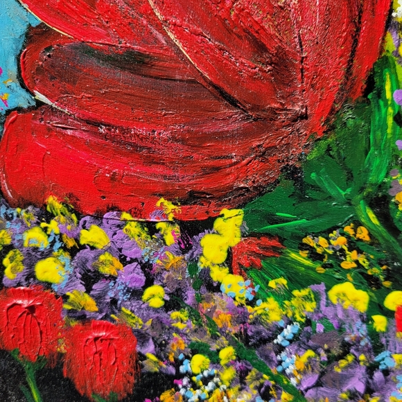 Original Red Poppy Flower Acrylic Painting on Upcycled Square Wood Board - Picture 10 of 13